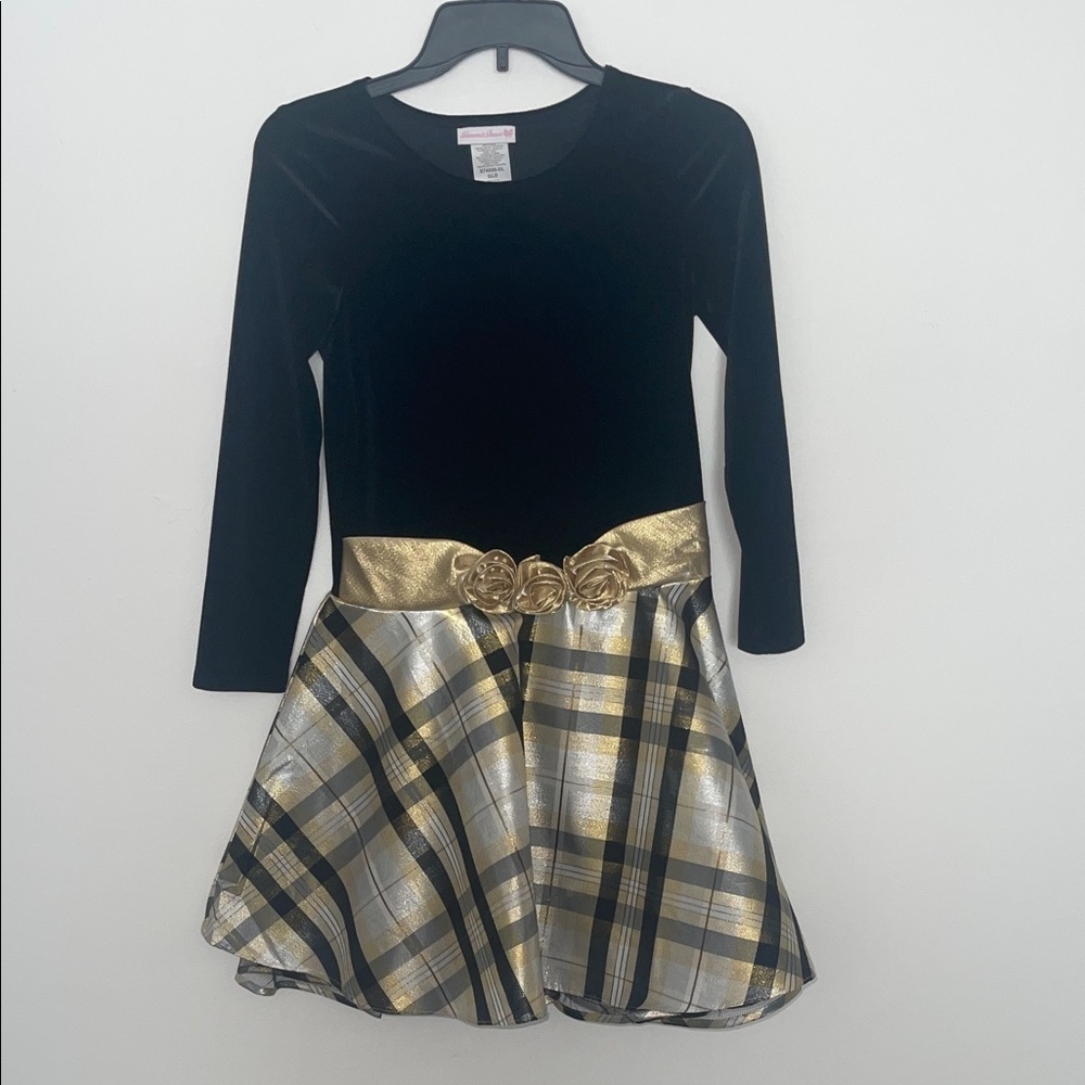 Bonnie Jean Black Velvet and Plaid Dress with Gold Accents Size 14